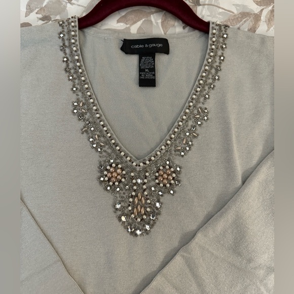 Pearl & Rhinestone Embellished Top in Gray by “Cable & Gauge” - Size XL - Picture 2 of 6